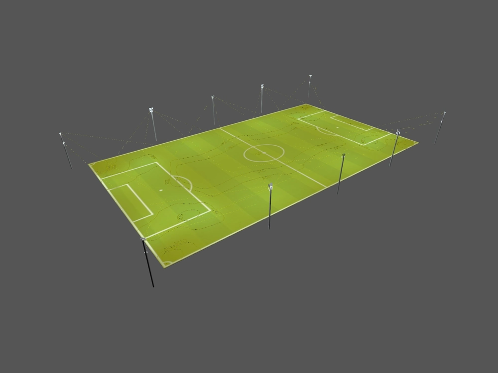Wizualizacja oświetlenia obiektu sportowego: boisko piłkarskie z masztami i naświetlaczami LED