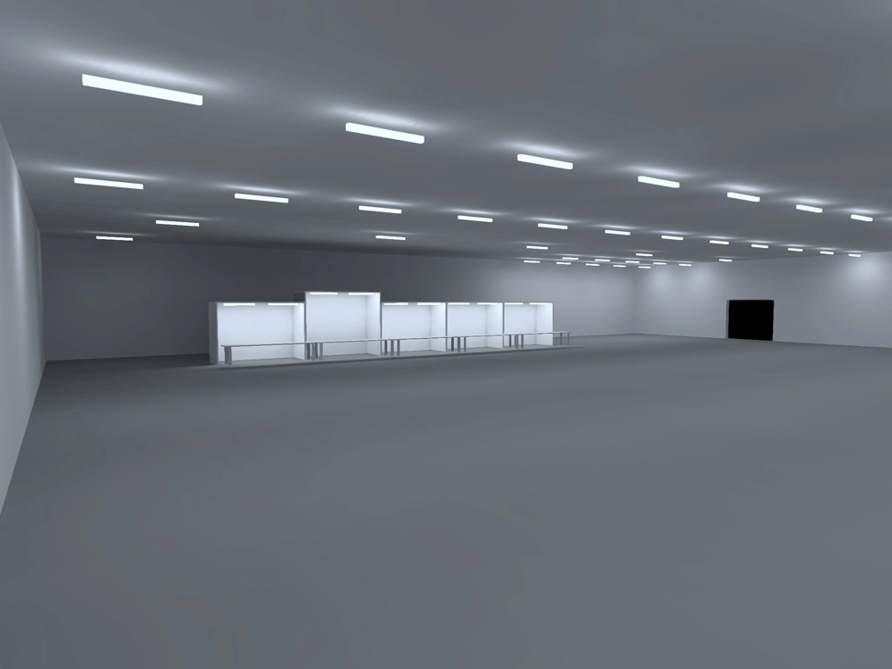 Trójwymiarowa wizualizacja oświetlenia LED w dużej hali produkcyjnej z licznymi oprawami sufitowymi