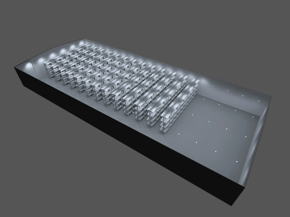 Wnętrze magazynu z rzędem regałów oświetlonych LED, montaż lamp do hali produkcyjnej