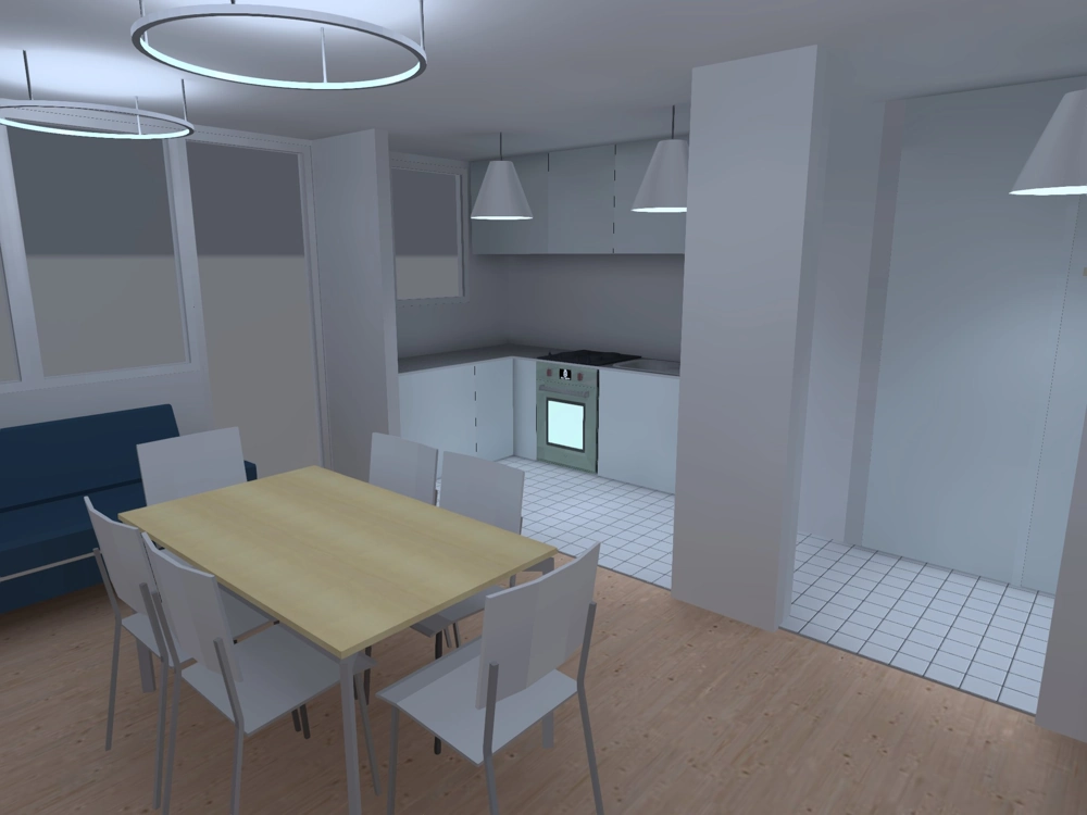 Nowoczesne mieszkanie z otwartą kuchnią i jadalnią, sufitowe lampy nad stołem – Oświetlenie wewnętrzne