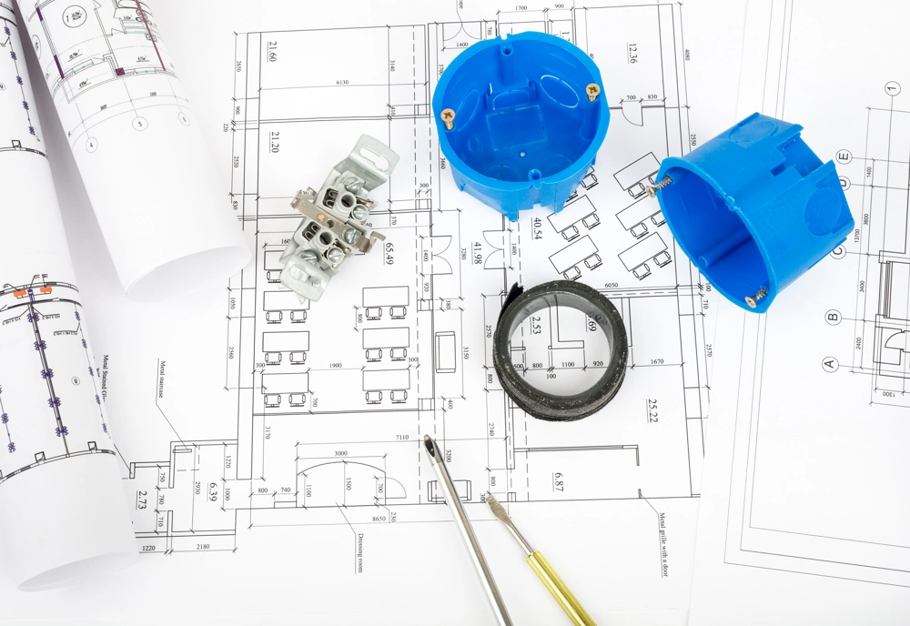 Elementy instalacji elektrycznej: puszki, złączka i narzędzia na planie budowlanym