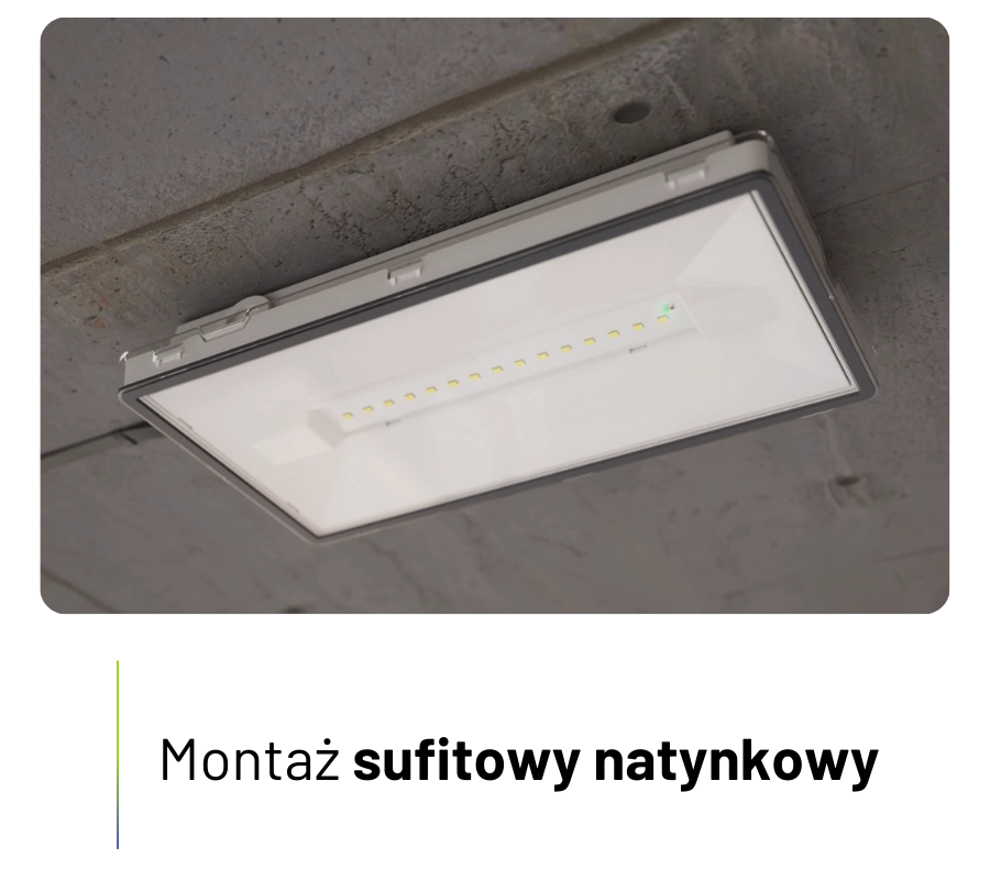 Oprawa LED zamontowana pod betonowym sufitem hali przemysłowej, prezentująca nowoczesne oświetlenie sufitowe