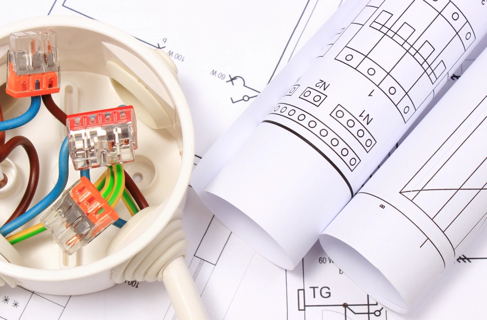 Puszka elektryczna z przewodami w kolorze brązowym, niebieskim i zielono-żółtym oraz przezroczystymi złączkami - instalacje elektryczne