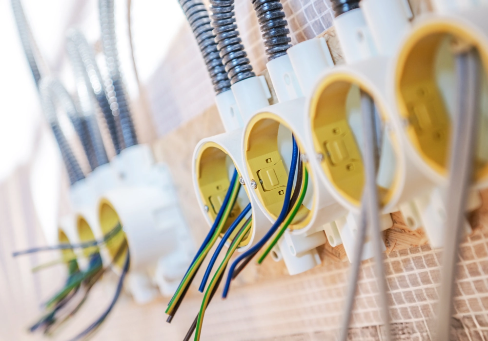Puszki elektryczne z przewodami w otulinach podczas usługi Instalacje elektryczne
