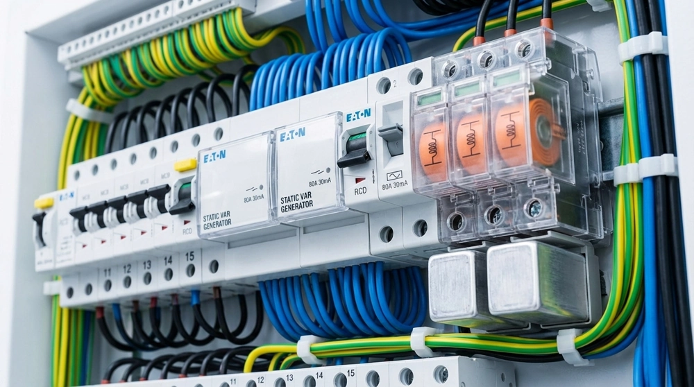 Wnętrze rozdzielnicy elektrycznej z uporządkowanymi przewodami i wyłącznikami RCD