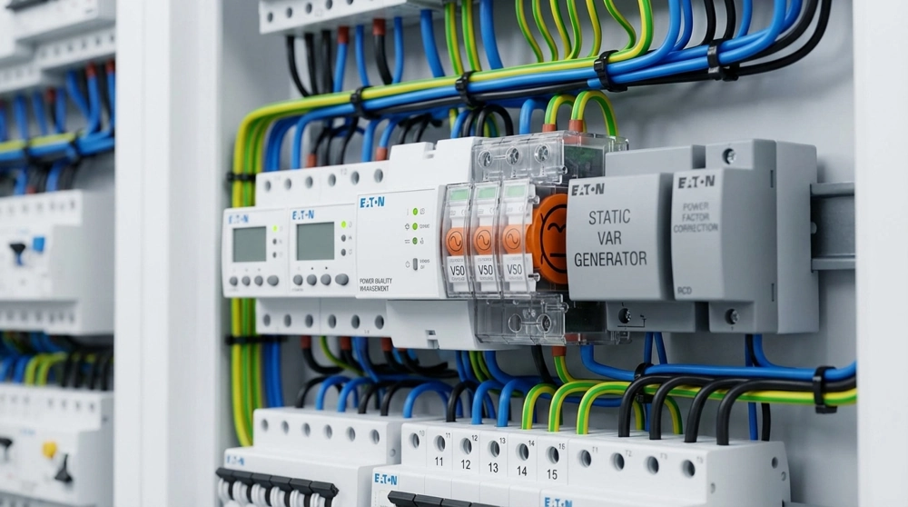 Wnętrze rozdzielnicy elektrycznej z kablami i modułami kompensacji mocy biernej