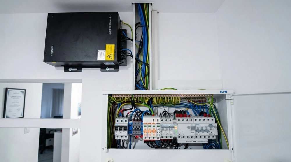 Rozdzielnice elektryczne: widok szafki z wyłącznikami, bezpiecznikami i kolorowymi przewodami