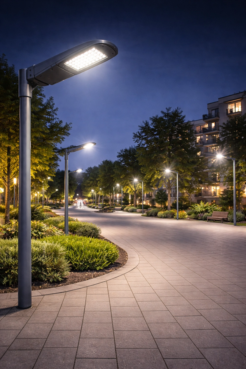 Aleja parkowa oświetlona lampami parkowymi LED wieczorem