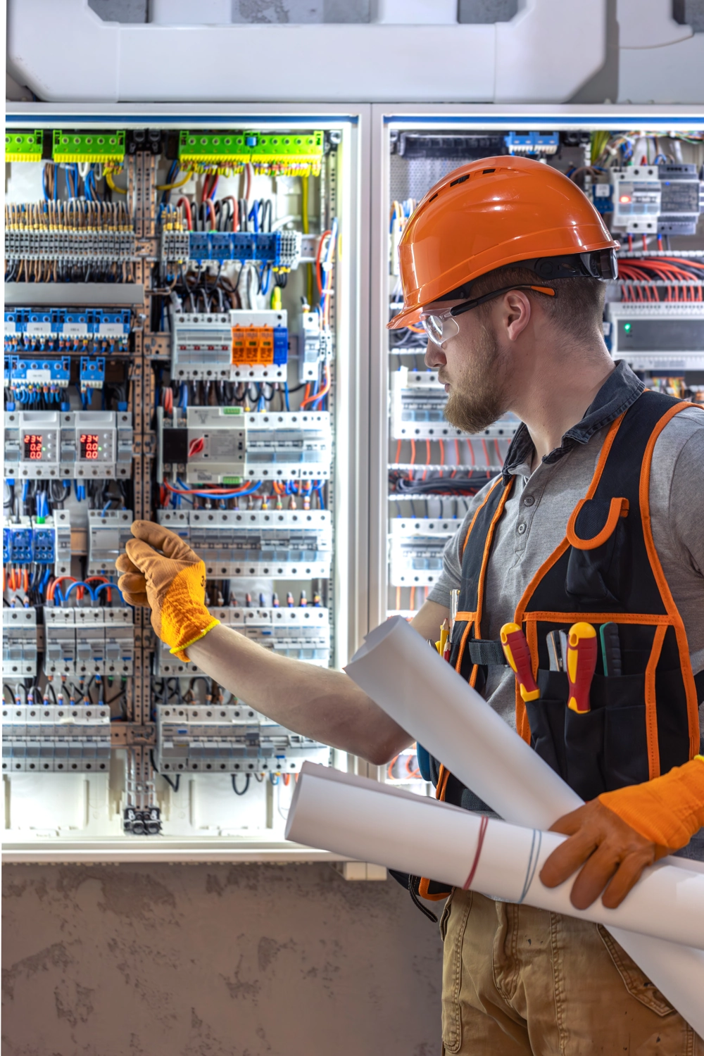 Technik montuje przewody w rozdzielnicach elektrycznych trzymając plany
