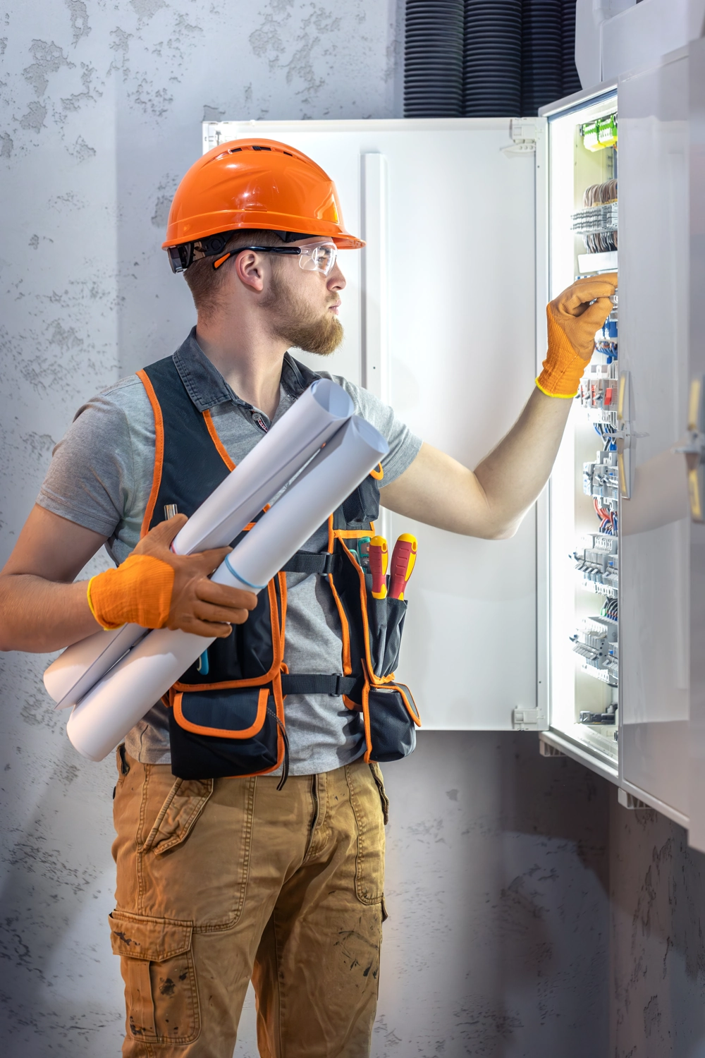 Montaż rozdzielnicy elektrycznej – elektryk w kasku z planami i rękawicami przy otwartych rozdzielnicach