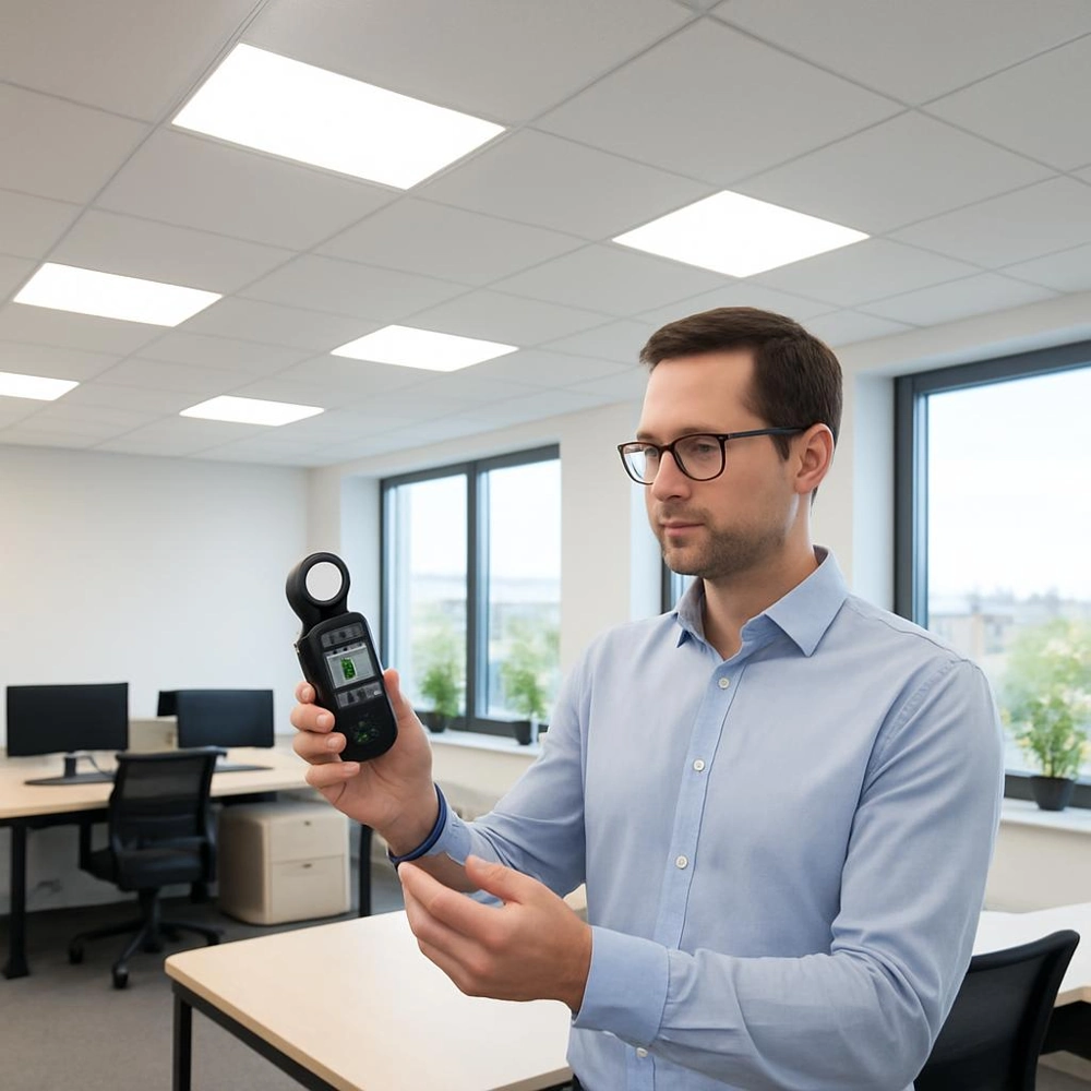 Mężczyzna mierzy natężenie światła w biurze przy pomocy luksomierza – Pomiar natężenia oświetlenia