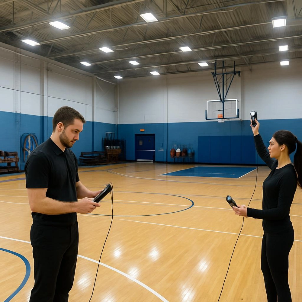 Dwoje pracowników wykonuje pomiar natężenia oświetlenia w pustej hali sportowej