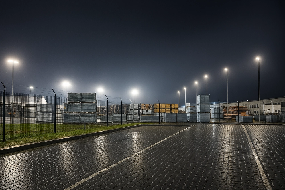 Naświetlacze LED na wysokich słupach oświetlających magazynowy plac z paletami metalowymi