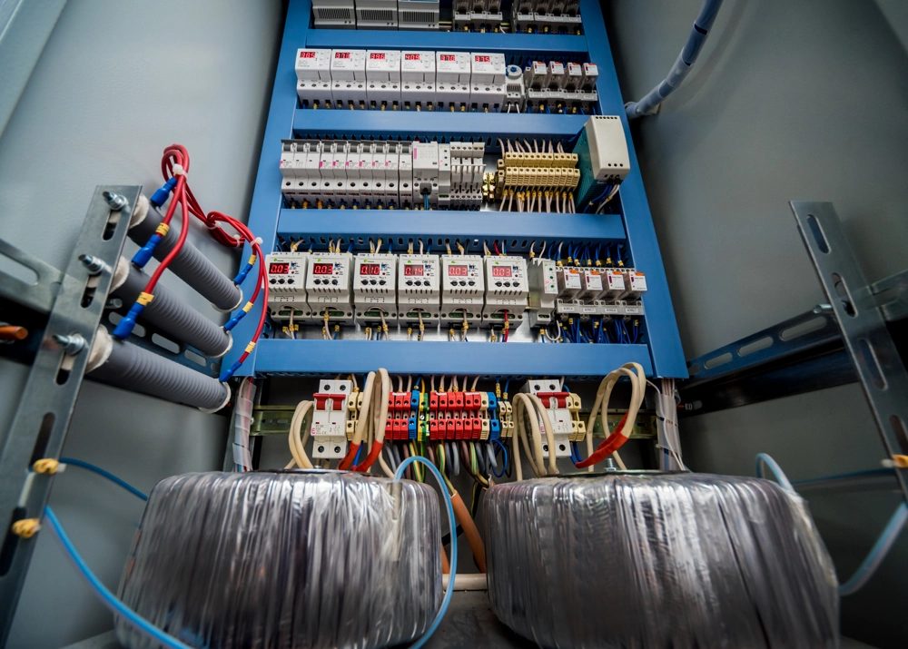 Wnętrze nowoczesnej rozdzielnicy elektrycznej z zabezpieczeniami i przewodami – rozdzielnice elektryczne